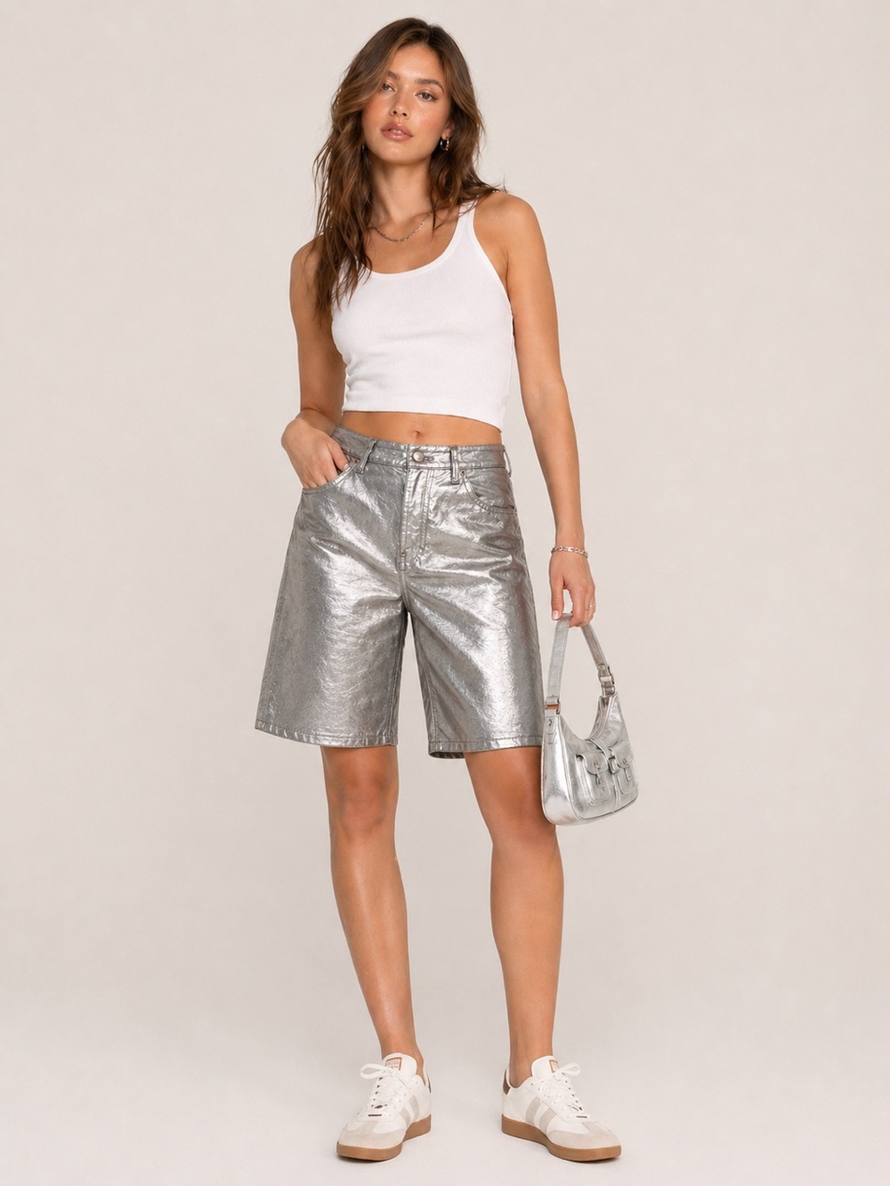 GAP Metallic Cotton Blend Silver Metallic Mid Rise Longline Shorts Sz. 29/8R NWT